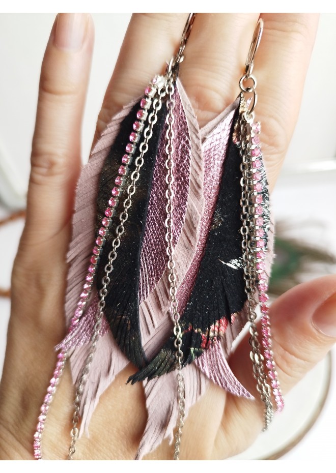 leather feather earrings pink genuine leather jewelry 