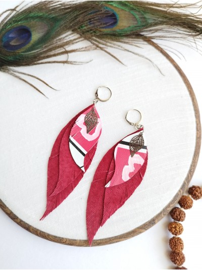 red  leather feather earrings,  handmade genuine leather jewelry.
