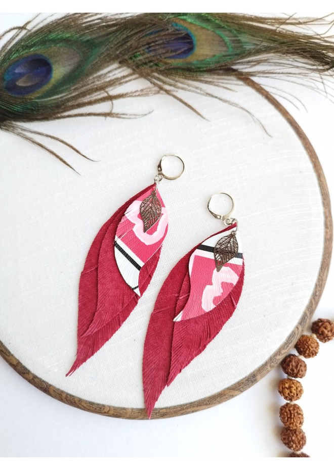 leather feather earrings pink genuine leather jewelry 