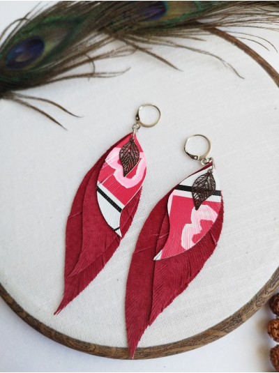 red  leather feather earrings,  handmade genuine leather jewelry.