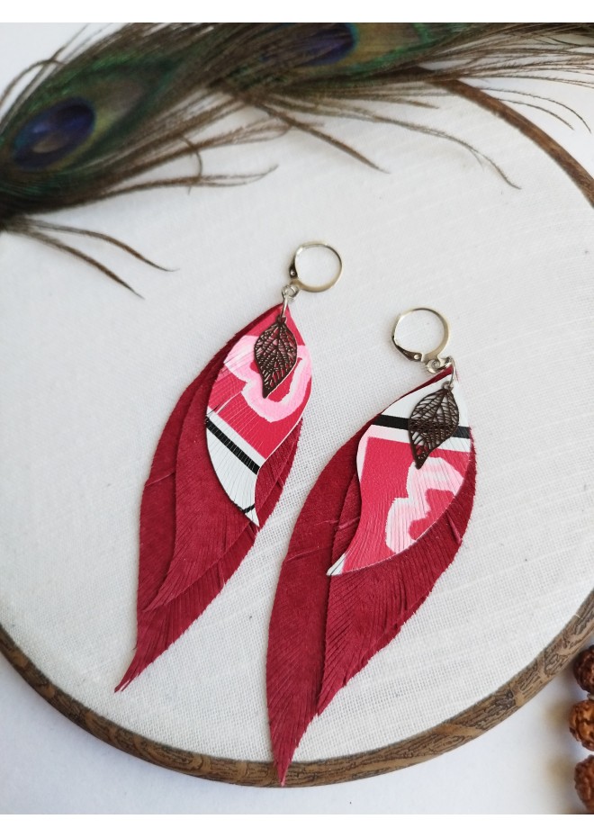 leather feather earrings pink genuine leather jewelry 