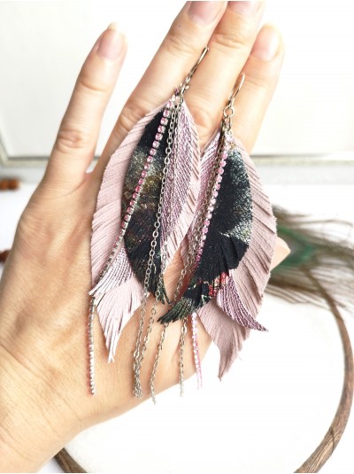 coft pink and black with chain leather feather earrings,  handmade genuine leather jewelry.