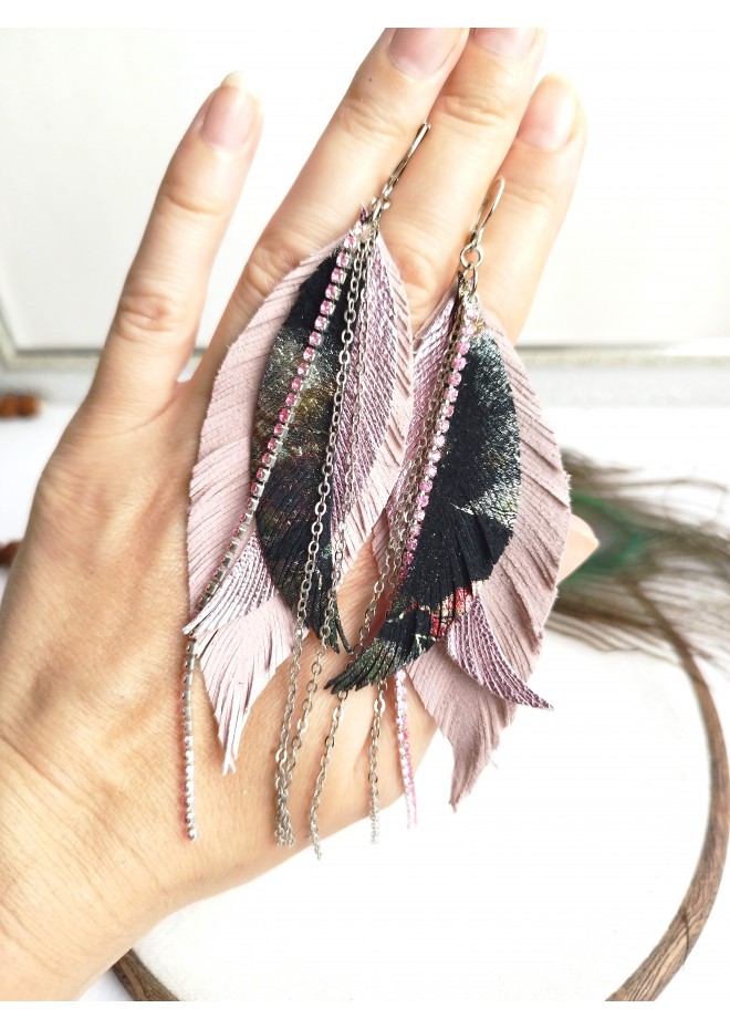 leather feather earrings pink genuine leather jewelry 