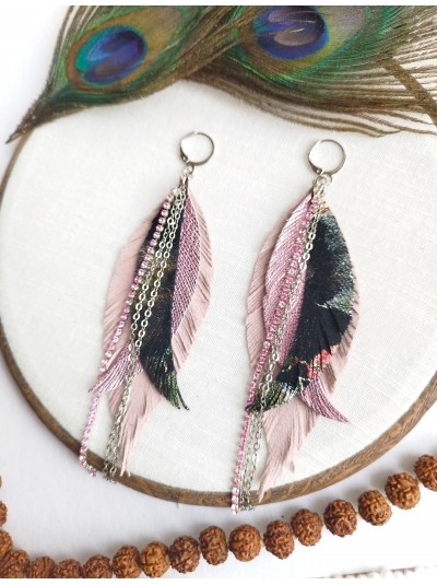 coft pink and black with chain leather feather earrings,  handmade genuine leather jewelry.