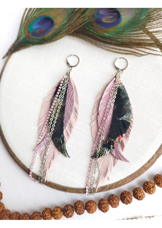 leather feather earrings pink genuine leather jewelry 