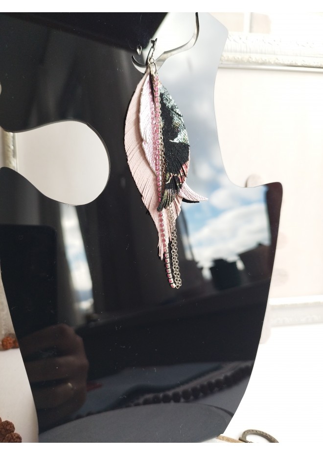 leather feather earrings pink genuine leather jewelry 
