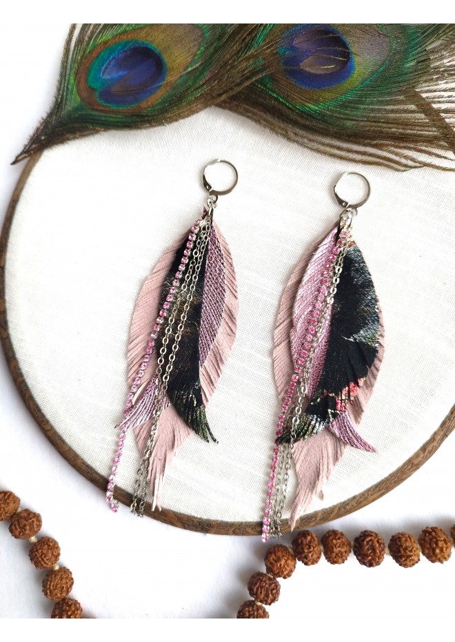 leather feather earrings pink genuine leather jewelry 