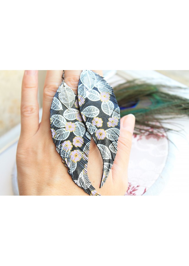 printed black long feathers earrings genuine leather jewelry  