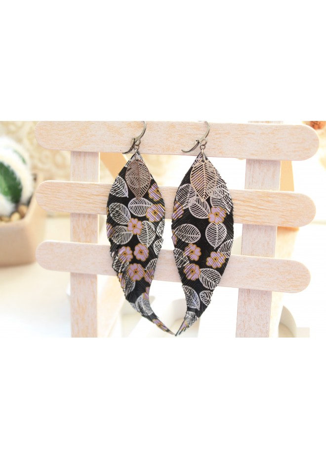 printed black long feathers earrings genuine leather jewelry  