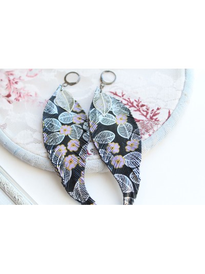 black long leather feather earrings, genuine leather jewelry 