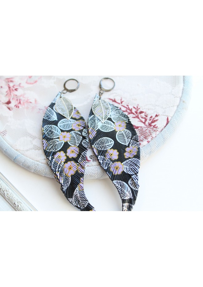 printed black long feathers earrings genuine leather jewelry  