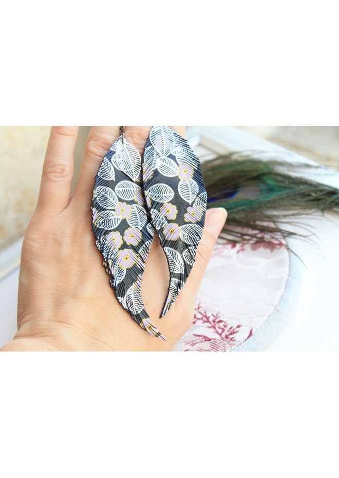printed black long feathers earrings genuine leather jewelry  