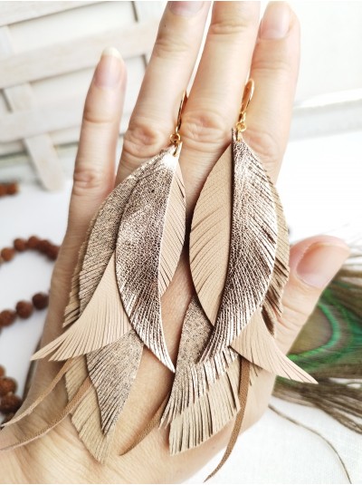 mokko rose gold leather feather earrings 