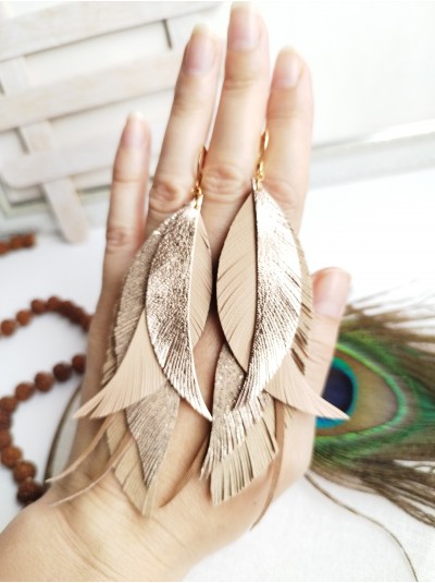 mokko rose gold leather feather earrings 