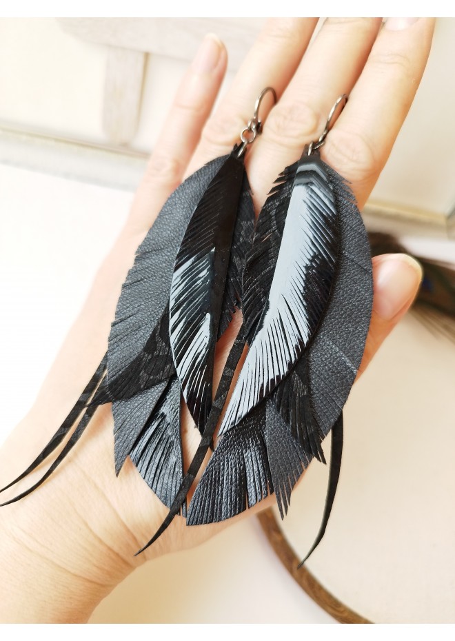 black long feathers earrings genuine leather jewelry  
