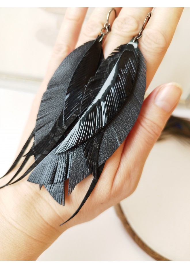 black long feathers earrings genuine leather jewelry  