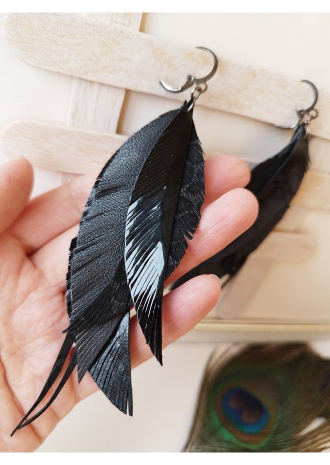 black long feathers earrings genuine leather jewelry  