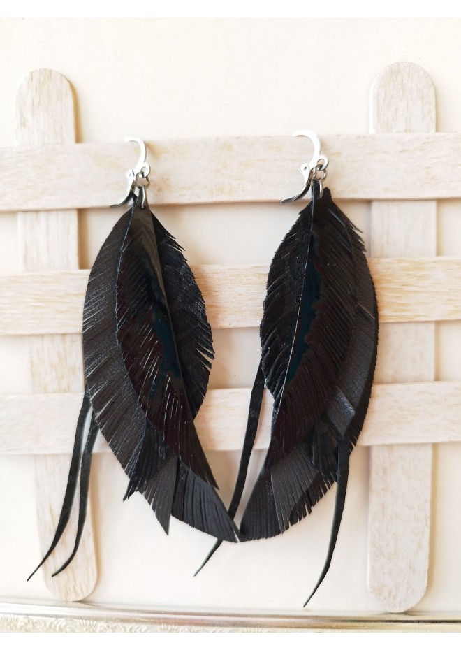 black long feathers earrings genuine leather jewelry  