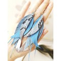 blue long feathers earrings genuine leather jewelry  