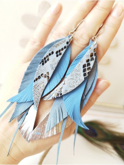 light blue long leather feather earrings, genuine leather jewelry 