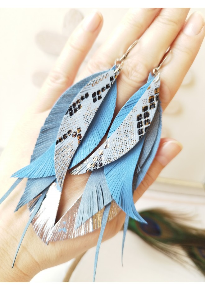 blue long feathers earrings genuine leather jewelry  