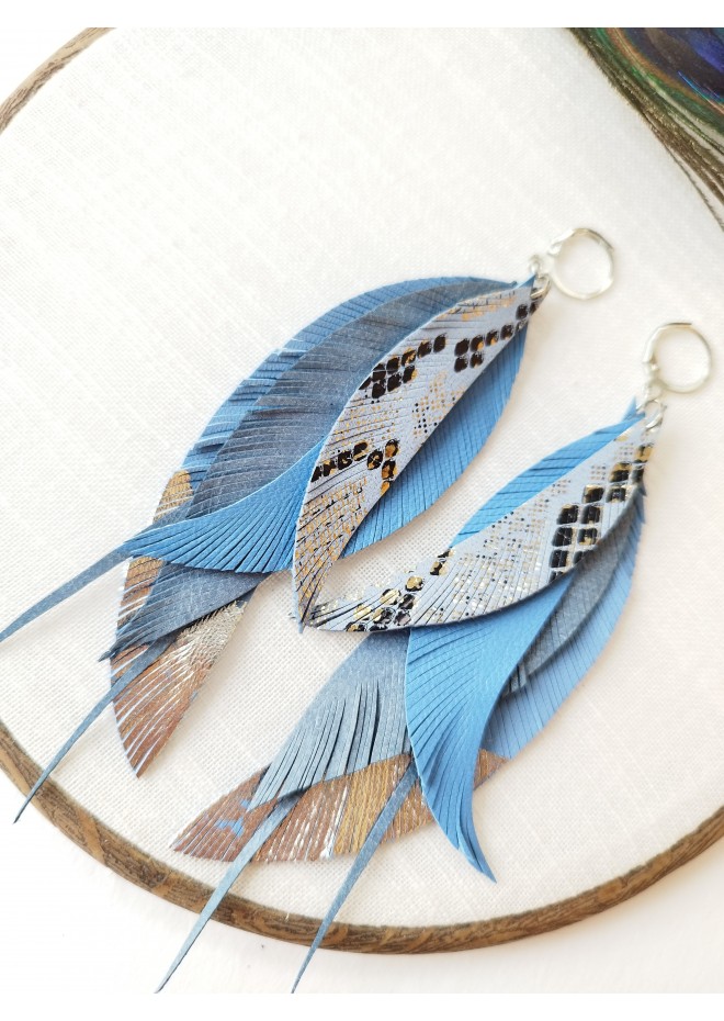 blue long feathers earrings genuine leather jewelry  