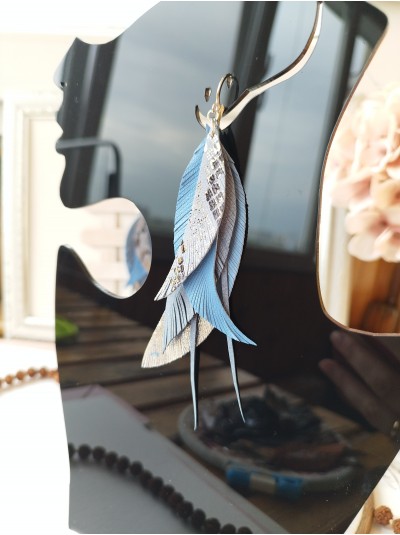light blue long leather feather earrings, genuine leather jewelry 
