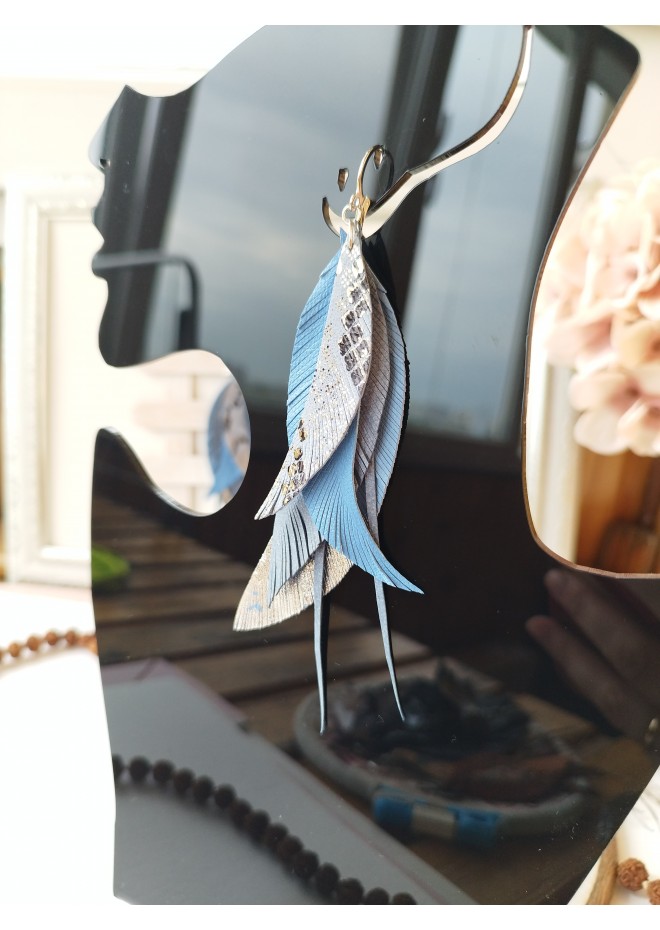 blue long feathers earrings genuine leather jewelry  