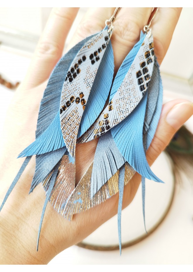 blue long feathers earrings genuine leather jewelry  