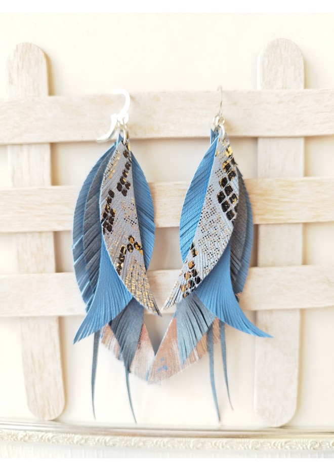 blue long feathers earrings genuine leather jewelry  