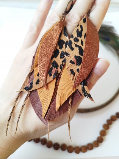 sand brown animal print long leather feather earrings, genuine leather jewelry 