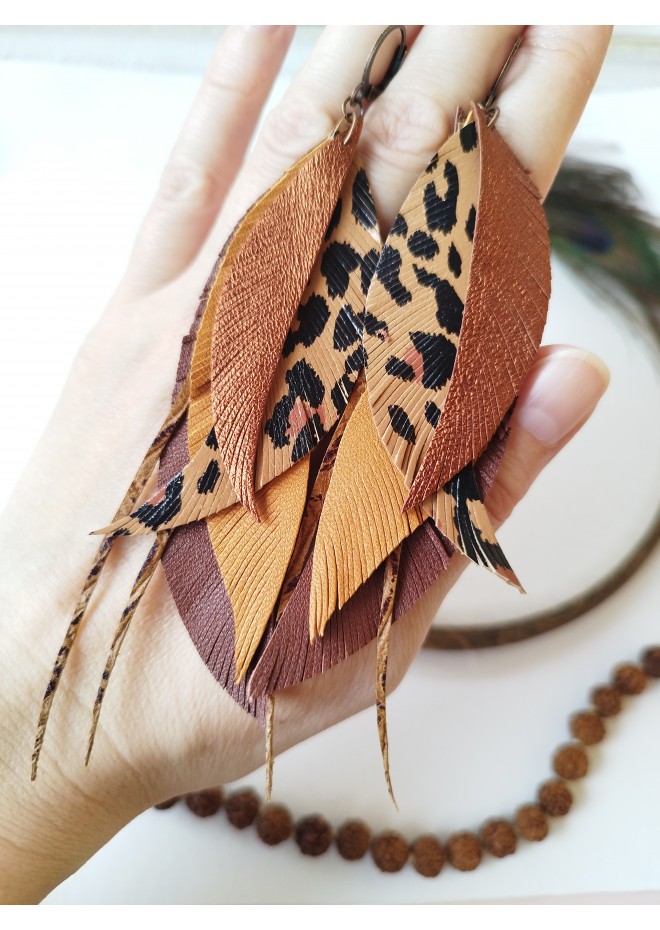 brown long feathers earrings genuine leather jewelry  