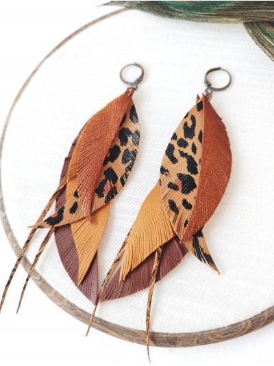 sand brown animal print long leather feather earrings, genuine leather jewelry 