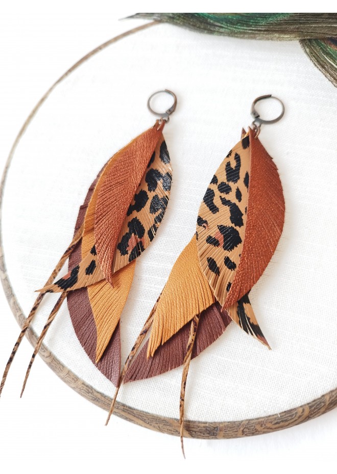 brown long feathers earrings genuine leather jewelry  