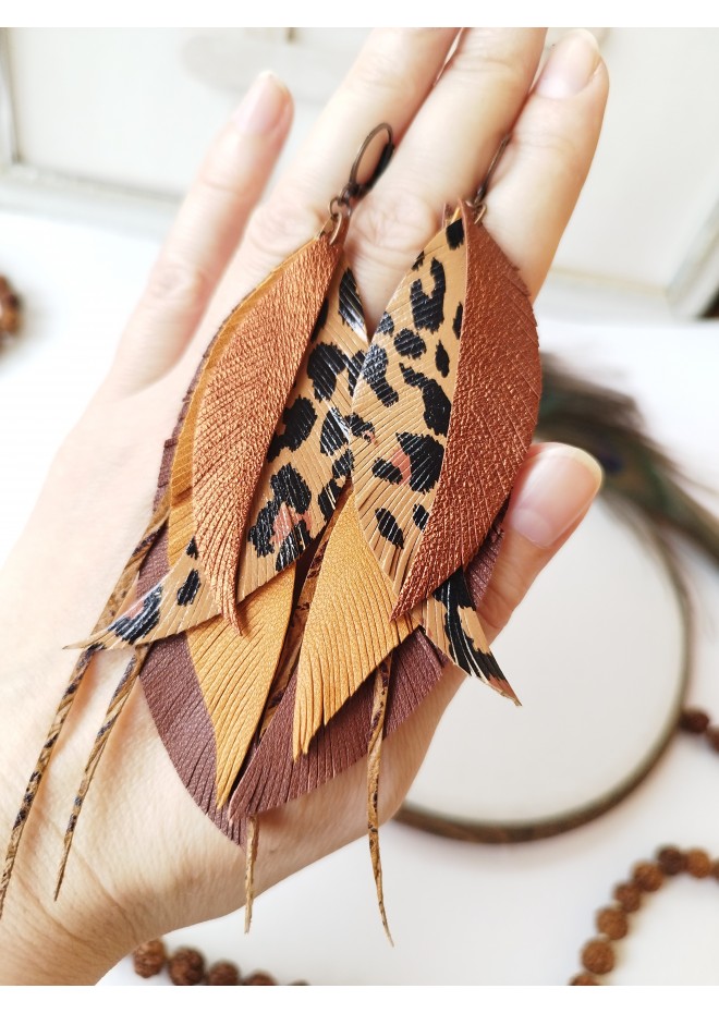 brown long feathers earrings genuine leather jewelry  