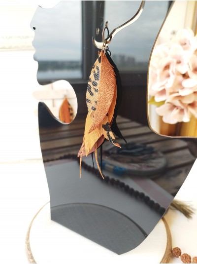 sand brown animal print long leather feather earrings, genuine leather jewelry 