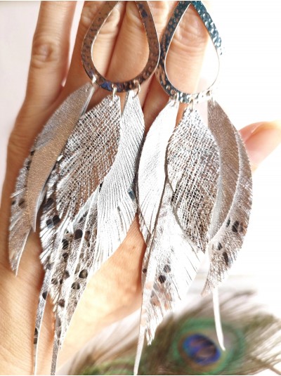 silver extra long leather feather earrings.