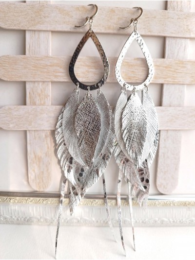 silver extra long leather feather earrings.