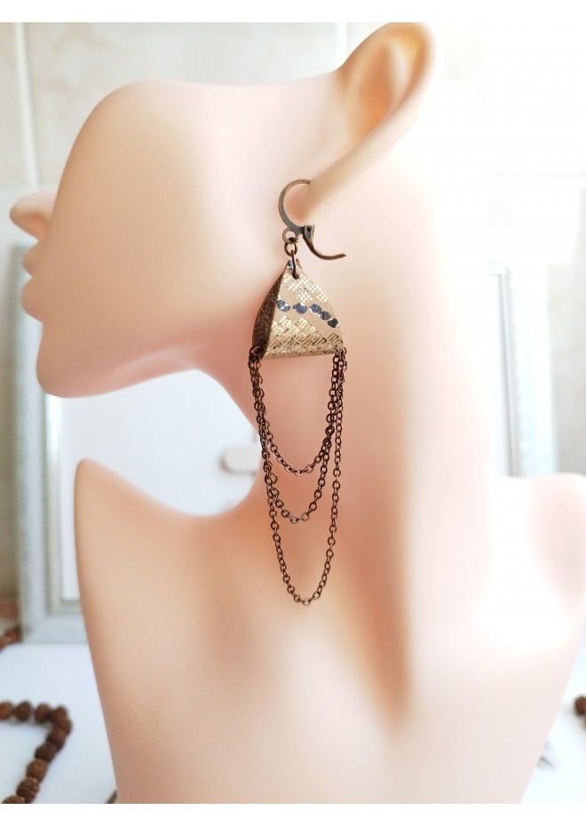sand brown drop chain leather earrings genuine leather jewelry 