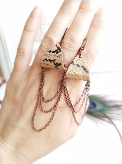 Brown drop chain leather earrings genuine leather jewelry 