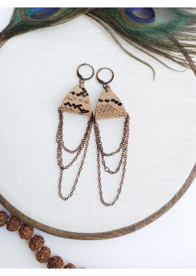 sand brown drop chain leather earrings genuine leather jewelry 