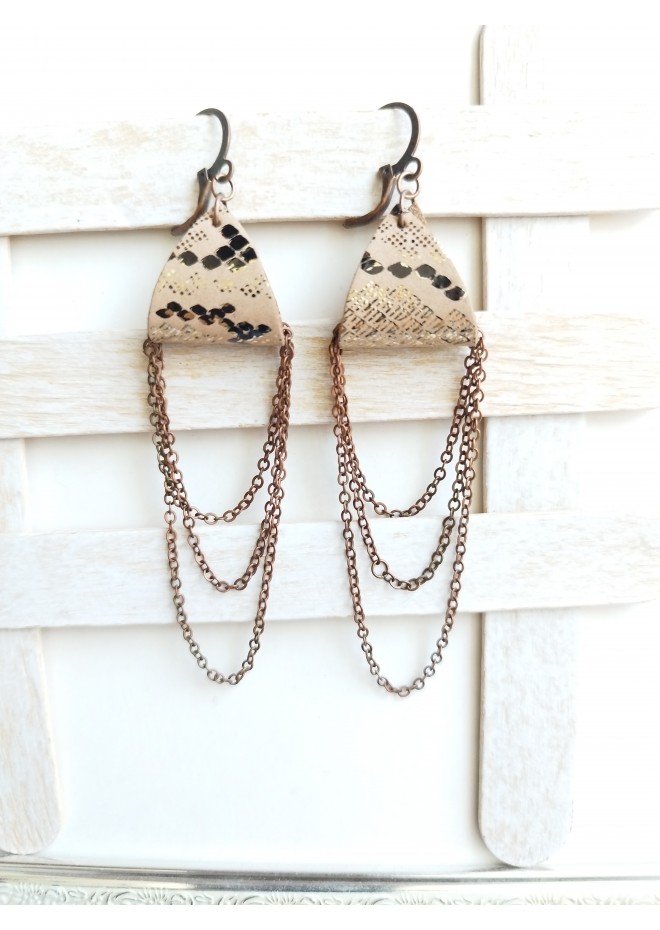 sand brown drop chain leather earrings genuine leather jewelry 