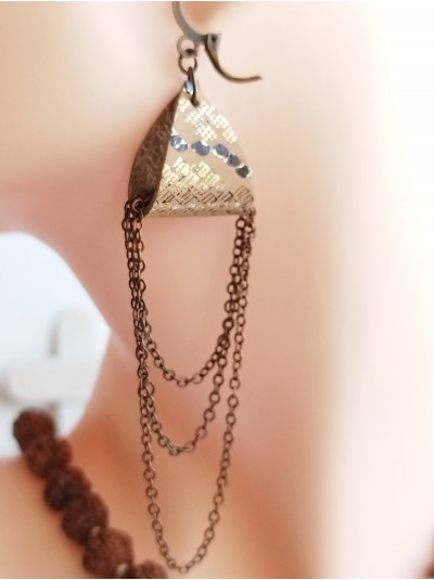 Brown drop chain leather earrings genuine leather jewelry 