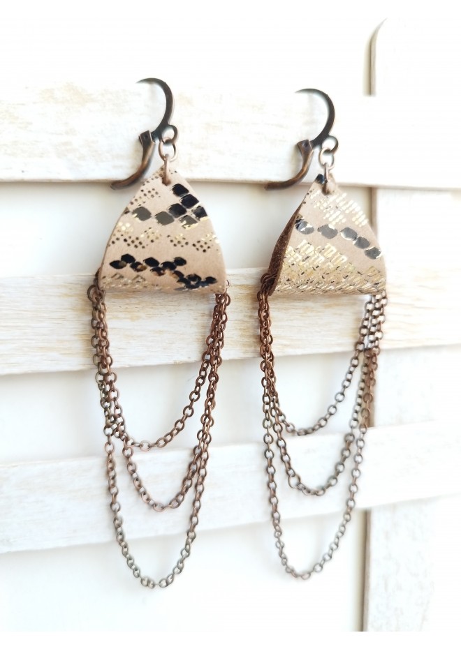 sand brown drop chain leather earrings genuine leather jewelry 