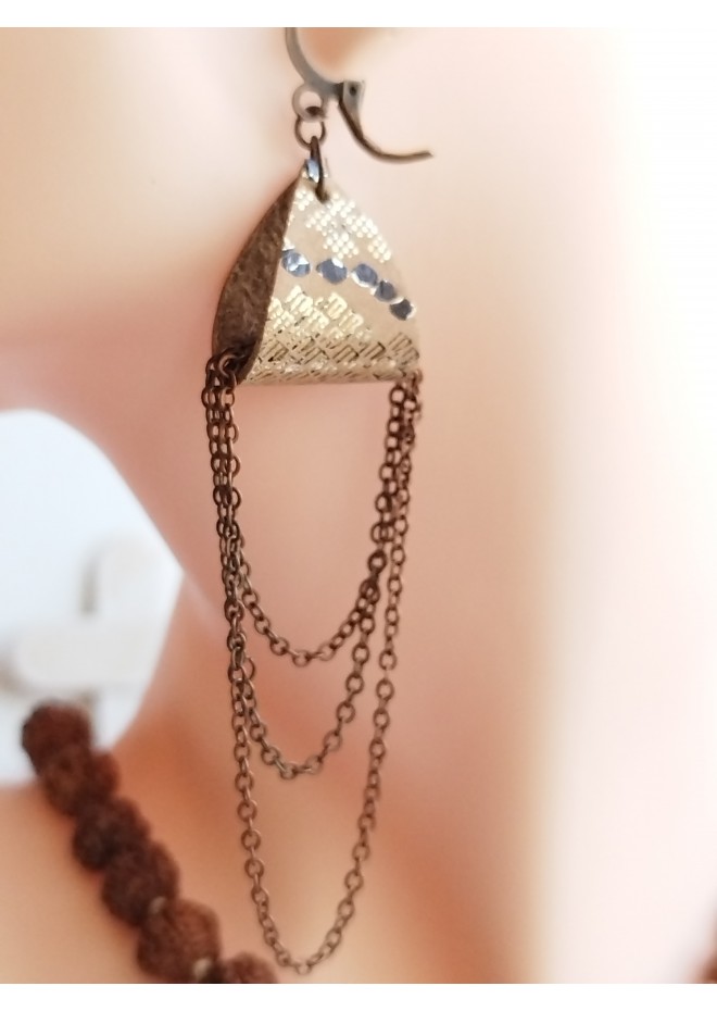 sand brown drop chain leather earrings genuine leather jewelry 