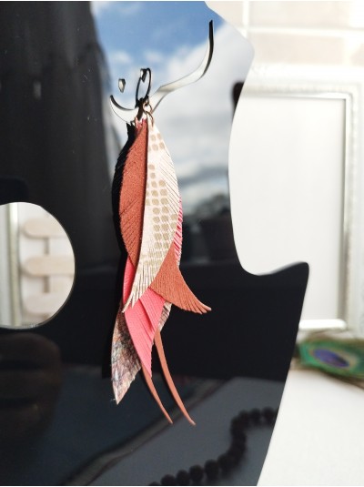 coral orange brown leather feather earrings.  