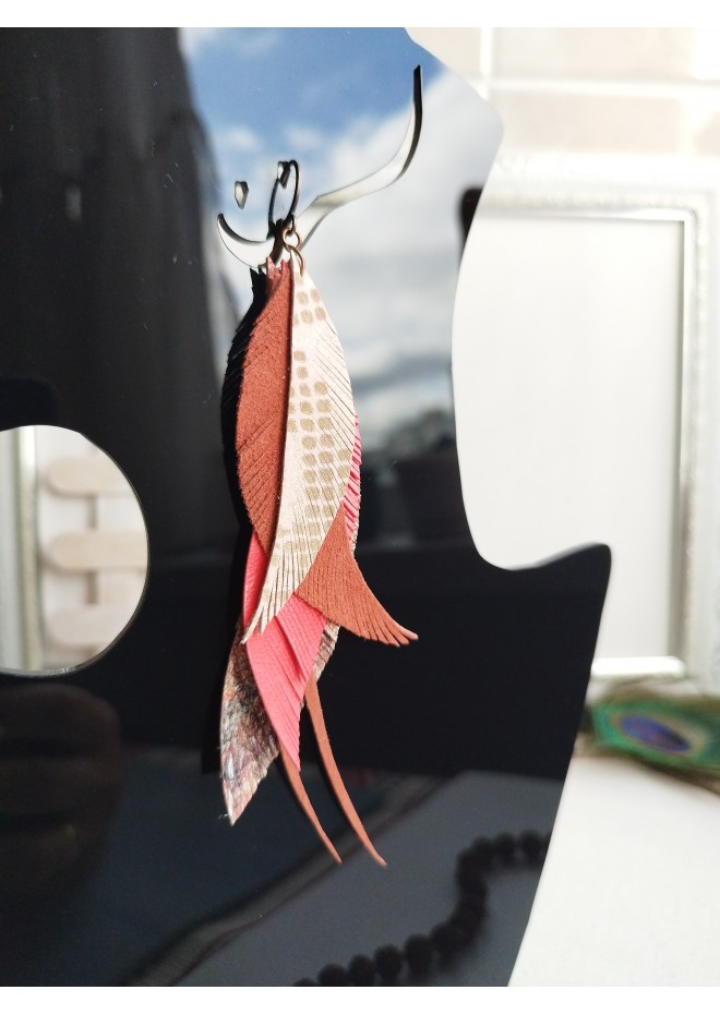 long leather feather earrings genuine leather jewelry metallic gray