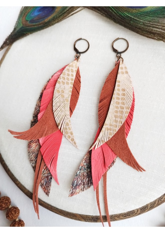 long leather feather earrings genuine leather jewelry metallic gray