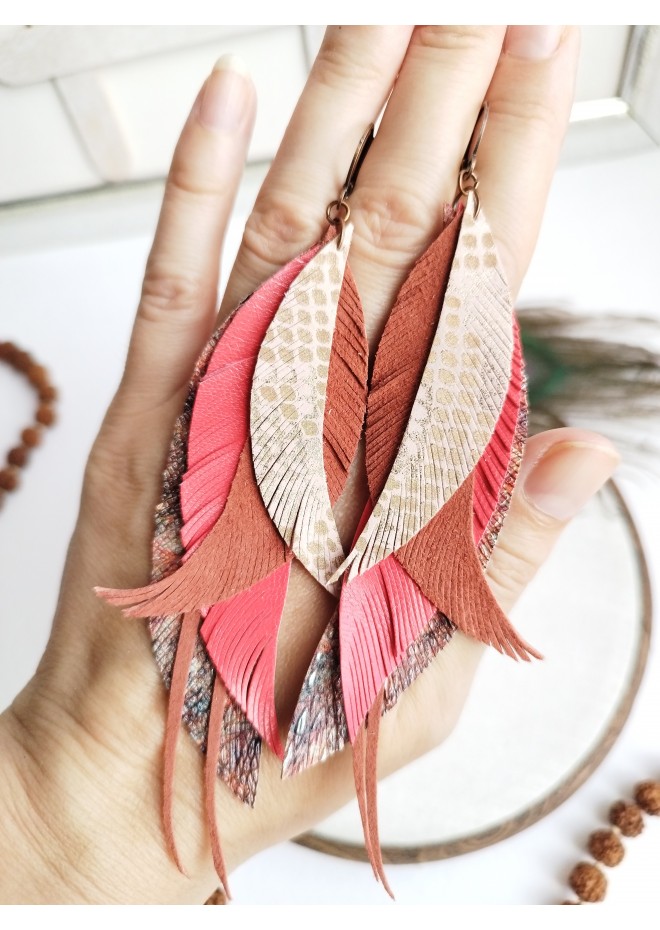 long leather feather earrings genuine leather jewelry metallic gray