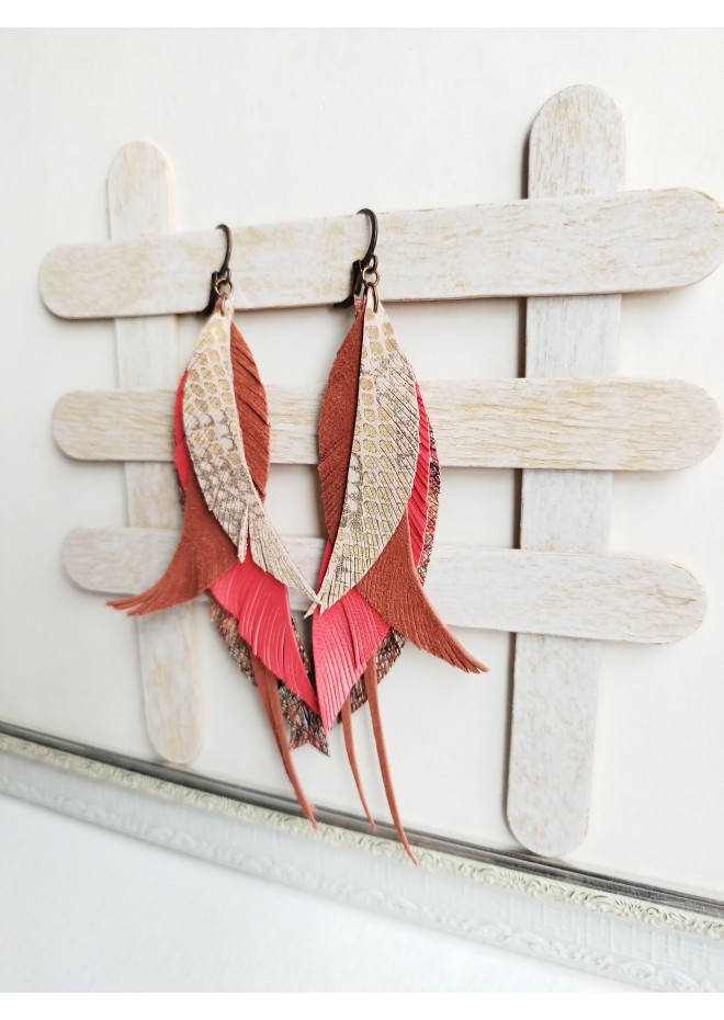 long leather feather earrings genuine leather jewelry metallic gray